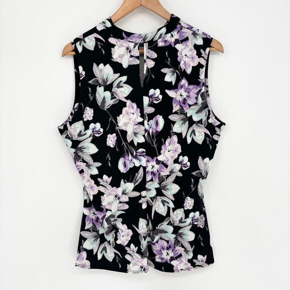 White House Black Market Black Teal Purple Floral Sleeveless Keyhole Top Size XL - Picture 5 of 7